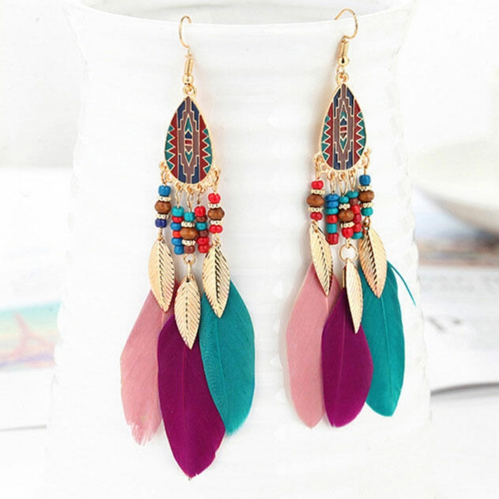 Beaded Faux Feather Dangle Earrings